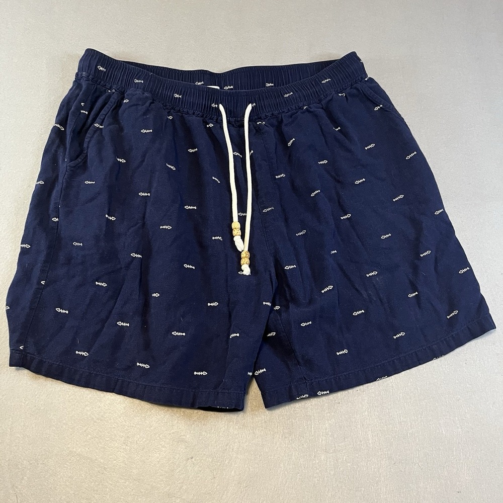 Coofandy Bermuda Shorts Navy Blue Cotton Fish Print Drawstring Pockets L